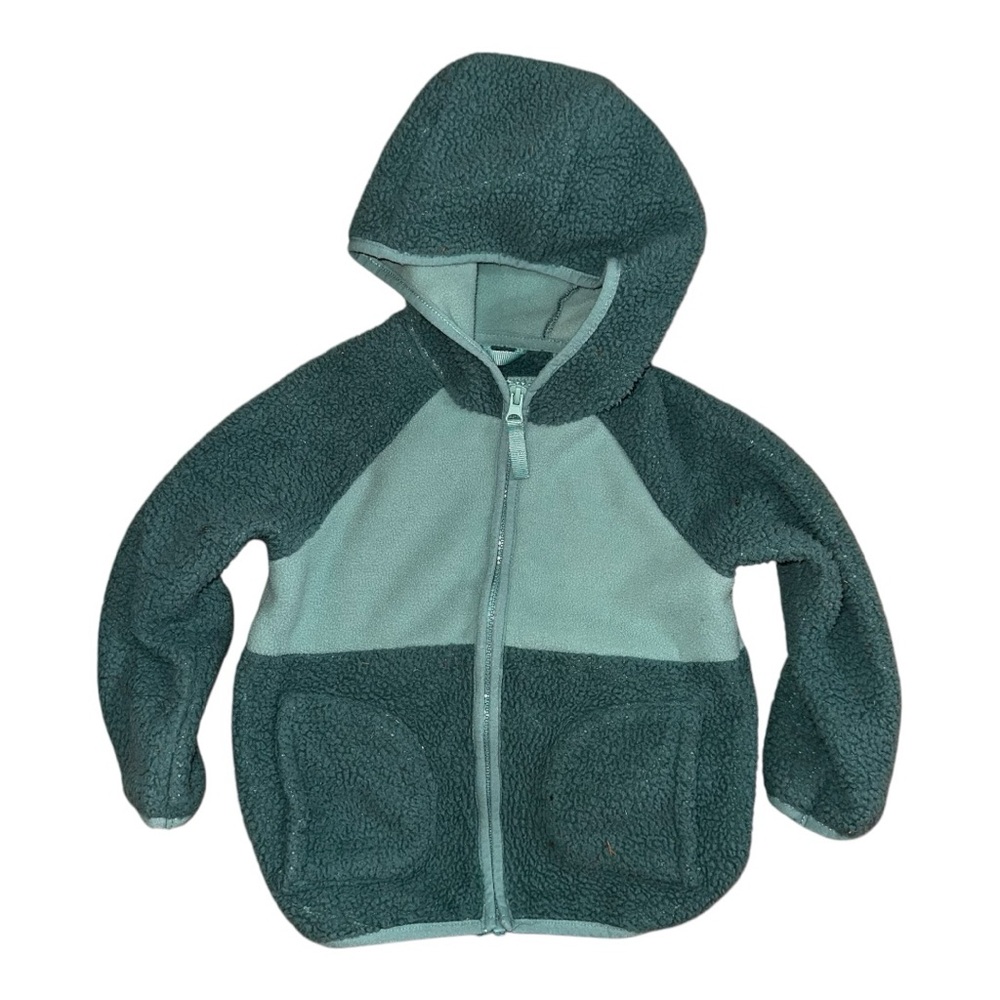 Cat & Jack Green Sherpa Fleece Full Zip Hooded Sweatshirt, 3T Toddler Girl, EUC